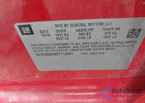 2015 Chevrolet Cruze Ls Auto z USA, uszkodzony, nr VIN 1G1PA5SHXF7112471